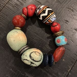 Rare Multi Stone Turquoise Ceramic Statement Necklace Bracelet Jewelry Set Boho 